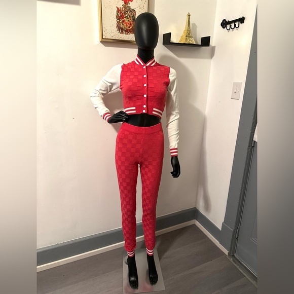 Raspberry Two Piece Varsity Knit Jacket High Waisted Knit Leggings Set - Picture 13 of 13